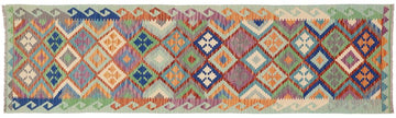 Flat Weave Kilim, Antique, Navaho, Vintage, Handmade, Geometric Kilim Rust Blue Hand-Woven Runner 100% Wool Area Rug 3 x 10